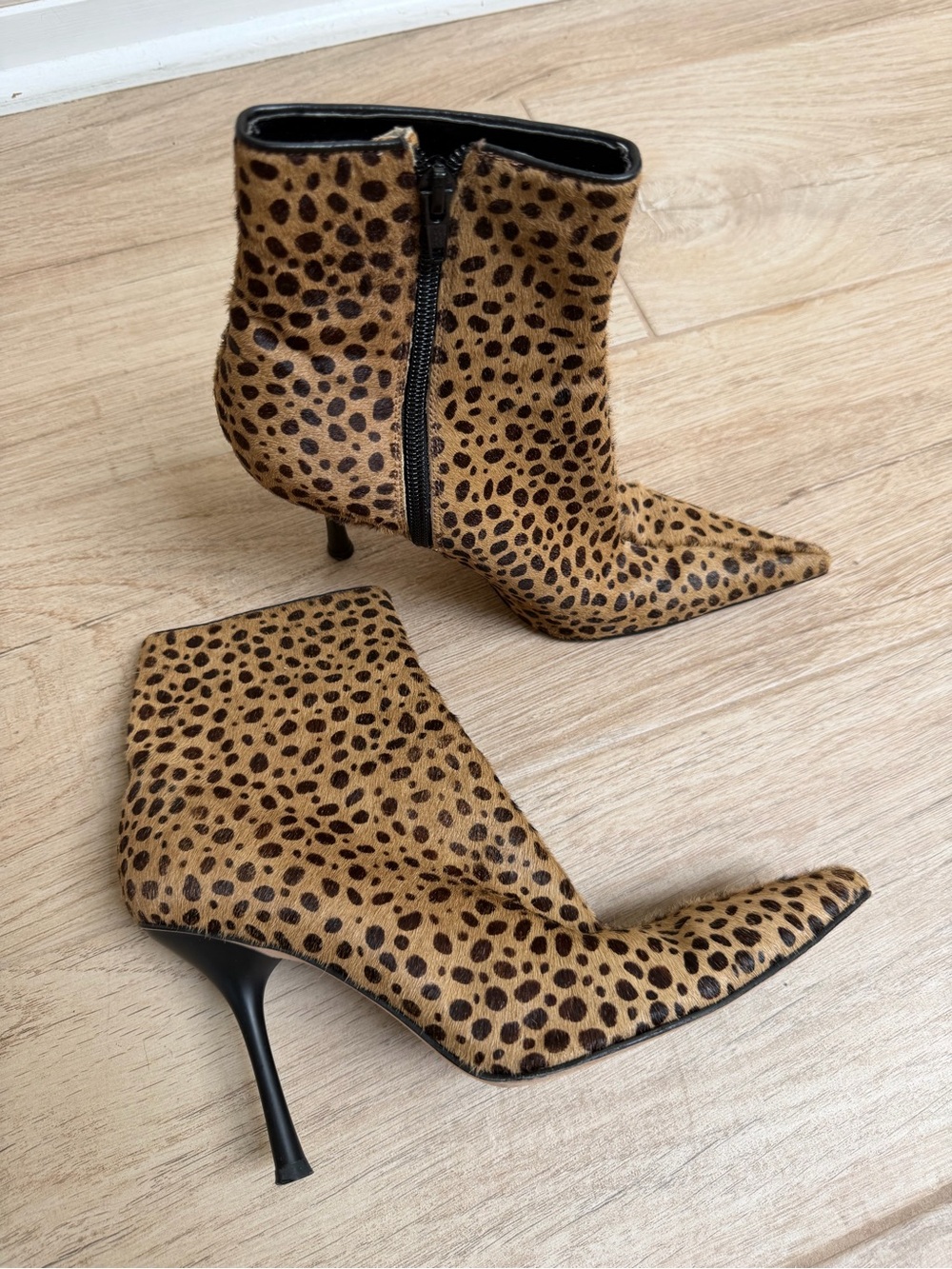 Steven Leopard Print Pointed Toe Stiletto Ankle Boots - Brown and Black
